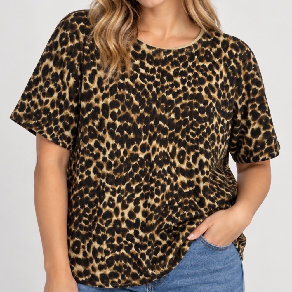 Studio Works Petite Large Leopard Print Cashmere Feel Sweater Top Short Sleeve